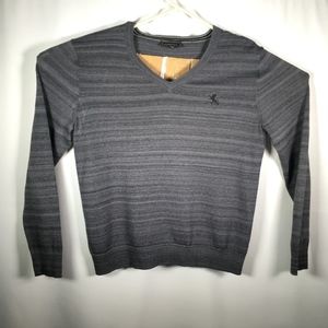 Express V Neck Sweater Logo Gray Stripes Cotton